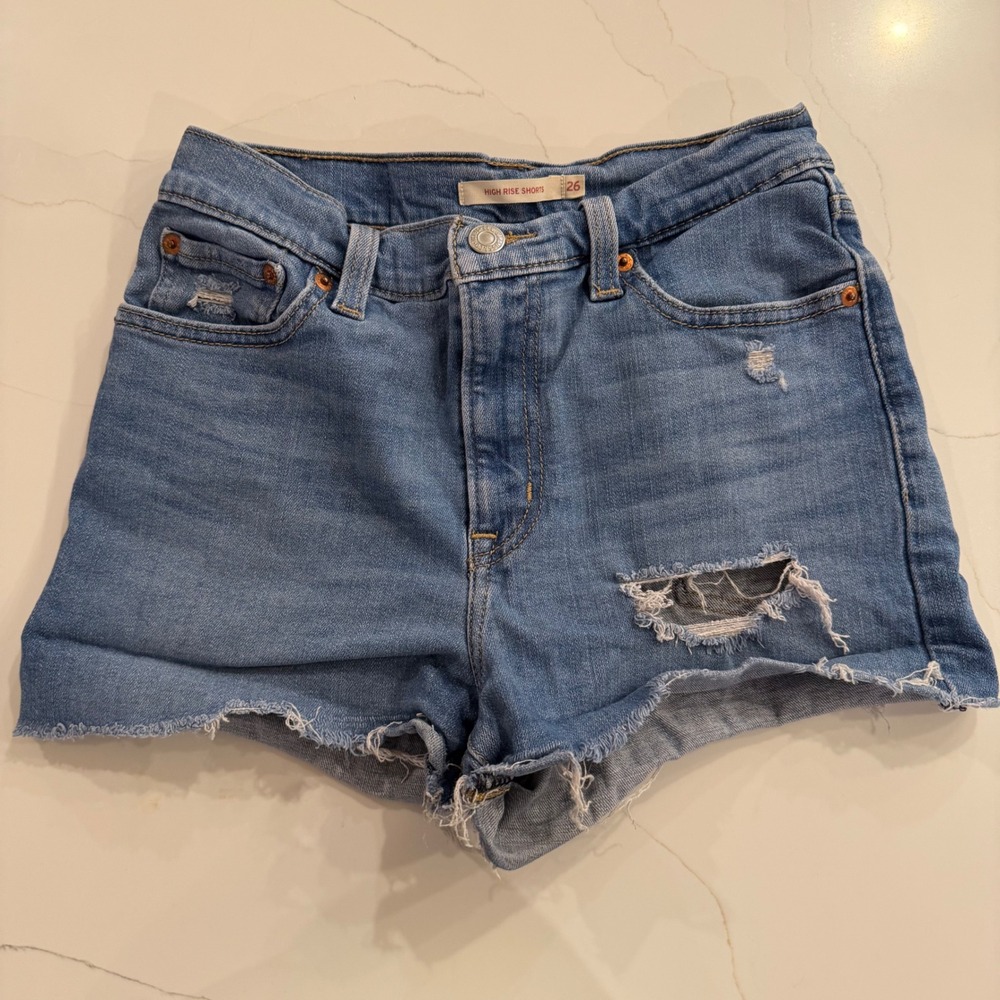 Levi‎ Strauss High Rise Denim Shorts Distressed Frayed Cutoff Blue Jeans Size 26